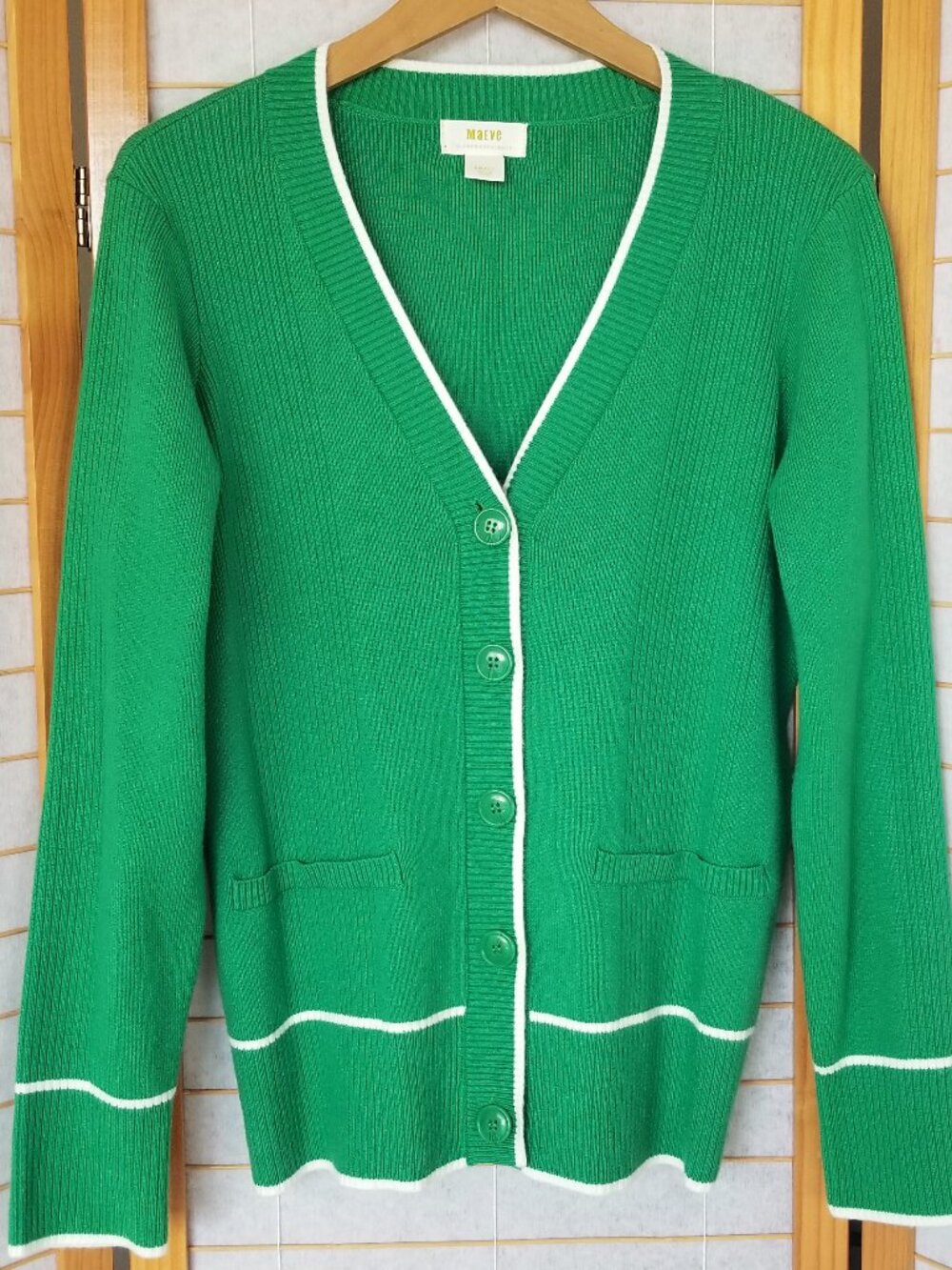 Maeve Anthropologie Green Ribbed V-Neck Cardigan Preppy Contrast Trim Small